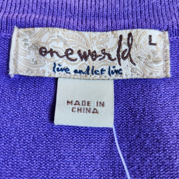 One World, NWT, Live & Let Live Purple Button Crop Cardigan L - Picture 5 of 11